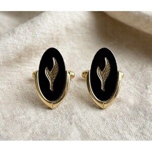 Vintage Black Enamel Oval Gold Leaf Cufflinks Toggle Back